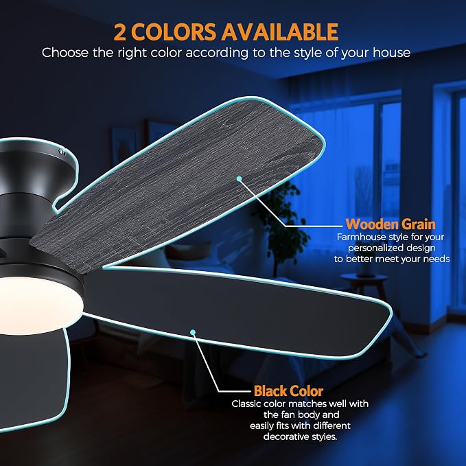 JSAITEE 48" Ceiling Fans with Lights Low Profile - Flush Mount Ceiling Fan with Light and Remote, 6 Wind Speeds Reversible, 3CCT Dimmable, Black Fan Light for Modern Indoor, Bedroom, Kitchen