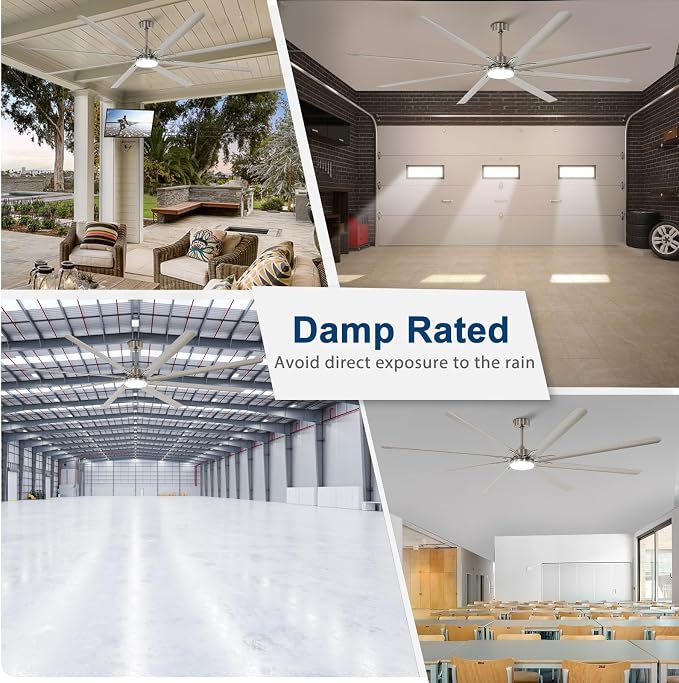 Outdoor Ceiling Fan with Remote: 100 Inch Large Fan - Industrial Ceiling Fan with Light for Patio Shop Garage Brushed Nickel Silver