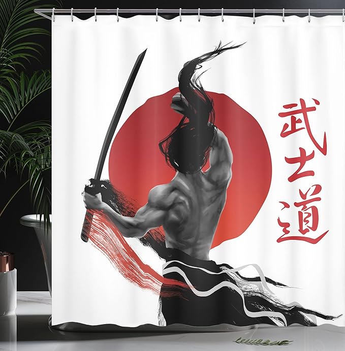 Ambesonne Japanese Shower Curtain, Samurai at Practice with Muscles Japanese Oriental Sun Discipline Image, Cloth Fabric Bathroom Decor Set with Hooks, 69" W x 70" L, Black and White