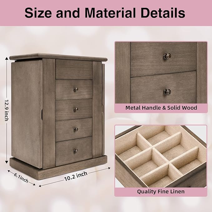 Emfogo Jewelry Box for Women, 5 Layer Large Wood Jewelry Boxes & Organizers for Necklaces Earrings Rings Bracelets, Rustic Jewelry Organizer Box with Drawers and Mirror(Weathered Gray)