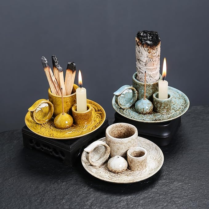 4 in 1 Ceramic Incense Burner Holder with Handle for Burning Sage, Palo Santo Stick, Joss Sticks, Candle in Your New House, Office, Yoga, Meditation Room (Yellow)