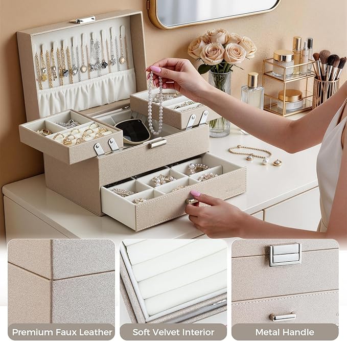 Dajasan Jewelry Organizer Box, Large Jewelry Boxes for Women Girls, Space-Saving 3 Layers Jewelry Storage Case with Drawer, Movable Metal Stand, Modern, Gift Idea (Champagne)