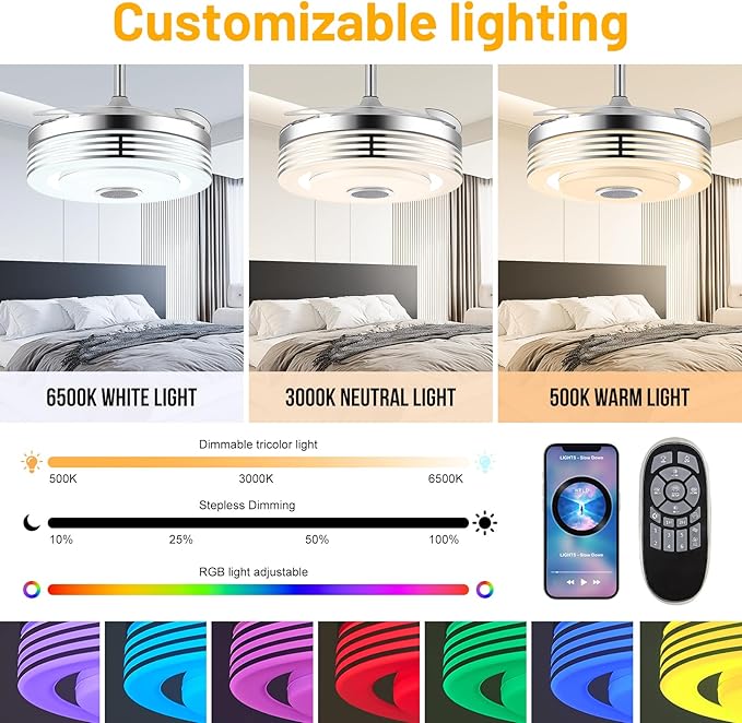 42" Modern RGB Ceiling Fan with Lights and Bluetooth Music Speaker,Color Change Motor Retractable Fandelier Ceiling Fan with Light and APP/Remote,6 Speed Silent Chandelier Fan for Bedroom Living Room