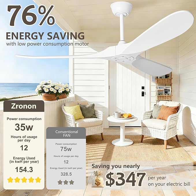 60 Inch White Ceiling Fan No Light, Wood Indoor Outdoor Ceiling Fans for Patios Living Room Bedroom Gazebo, Big 3 Blade Propeller Wet Rated Ceiling Fans for Sloped Angled Ceiling