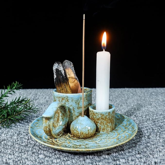 MOUGIGI 5-in-1 Ceramic Palo Santo Burner Holder Blue -Small Candle Holder & Smudge Burning Tray Bowl,Fits Incense Sticks/Cones, Sage.Zen Altar for Meditation Room, Aromatic Scents, Matches Compatible