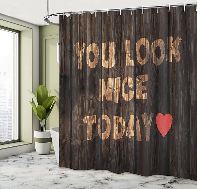 Ambesonne Saying Shower Curtain, Phrase on Wooden Planks You Look Nice Today Heart Happiness, Cloth Fabric Bathroom Decor Set with Hooks, 69" W x 84" L, Sand Brown