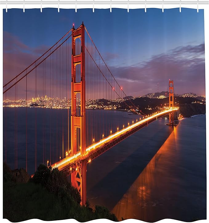 Ambesonne City Shower Curtain, Panorama of Golden Gate Bridge Famous Architectural Landscape Scenery, Cloth Fabric Bathroom Decor Set with Hooks, 69" W x 70" L, Orange Dried Rose Blue