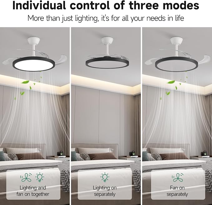 Slim Retractable Ceiling Fan with Lights and Remote, 42 Inch Black and White Modern Ceiling Fan,Dimmable LED,Memory Functionr,Timer Setting& Reversible Motor for Bedroom Living Room