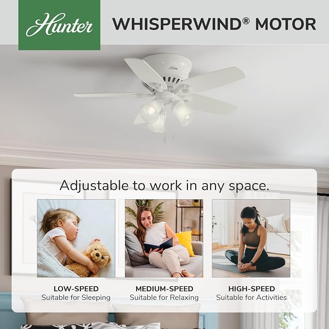 Hunter Builder, Indoor, Ceiling Fan, with LED Lights, 42 inch, Snow White | Low Profile Flush Mount, Pull Chain, 5 Blades, For Bedroom, Living Room, Kitchen, 51090
