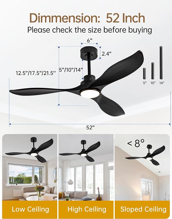 52 Inch Solid Wood Ceiling Fans with Lights and Remote, 3 Blade Black Outdoor Ceiling Fan with Wall Control, Dimmable, 6 Speeds, Noiseless DC Motor for Bedroom/Patios/Farmhouse/Living Room