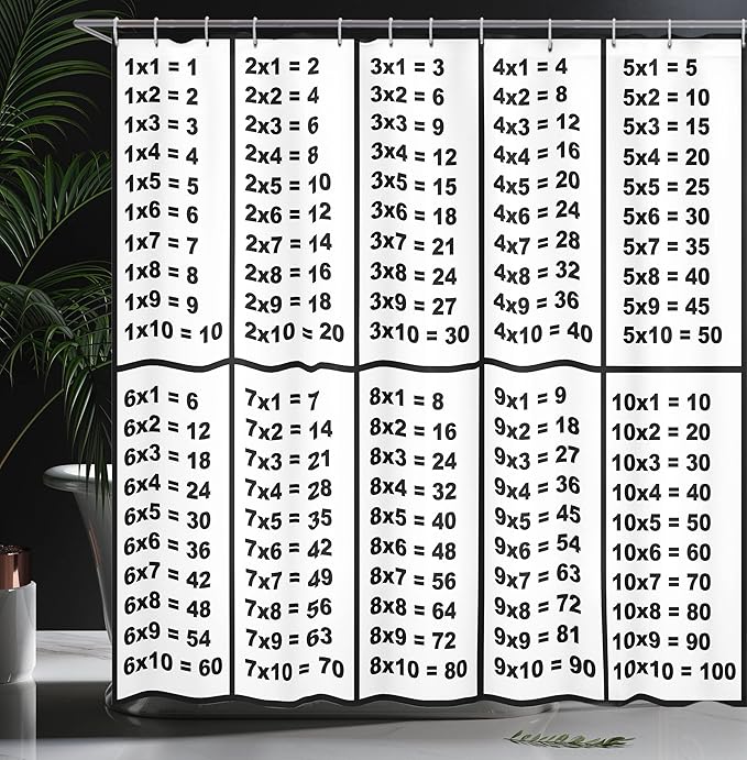Ambesonne Mathematics Room Shower Curtain, Calculation Table of Multiplication Algebra Study Chart Count, Cloth Fabric Bathroom Decor Set with Hooks, 69" W x 75" L, White Black