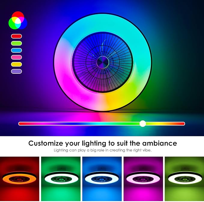 24" Bladeless Ceiling Fans with Lights and Remote/APP/Voice Control, Low Profile Ceiling Fan with RGB Lights, Enclosed Flush Mount Ceiling Fan for Kid's Bedroom/Living Room