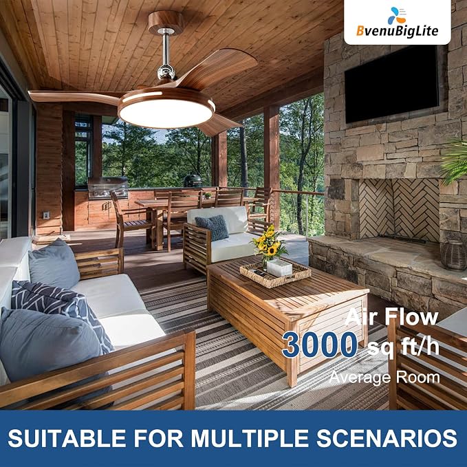 Ceiling Fans with Lights and Remote: 42-Inch Ceiling Fan 3 Blades Round Low Profile Outdoor - Walnut Ceiling Fans with Remote Control Chrome Rod Quiet Reversible DC Motor for Living Room