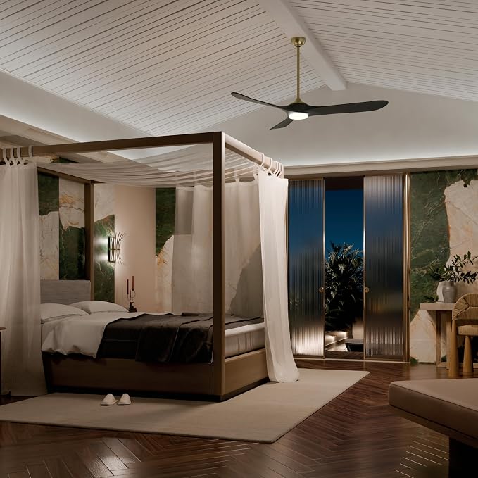 KICHLER Mylo 70 in Modern Ceiling Fan with Light and Remote Control, 6-Speed Damp Rated Fan with Satin Etched Cased Opal Glass and Jet Black Wood Blades in Champagne Bronze, 310570CPZ