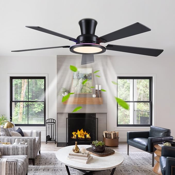 Ayaoty Ceiling Fans with Lights - 52in Flush Mount Ceiling Fan with RGB Dimmable, 3CCT 6 Wind Speeds and Reversible Quiet Motor, Low Profile RGB Fan Light for Modern Indoor, Party - Black