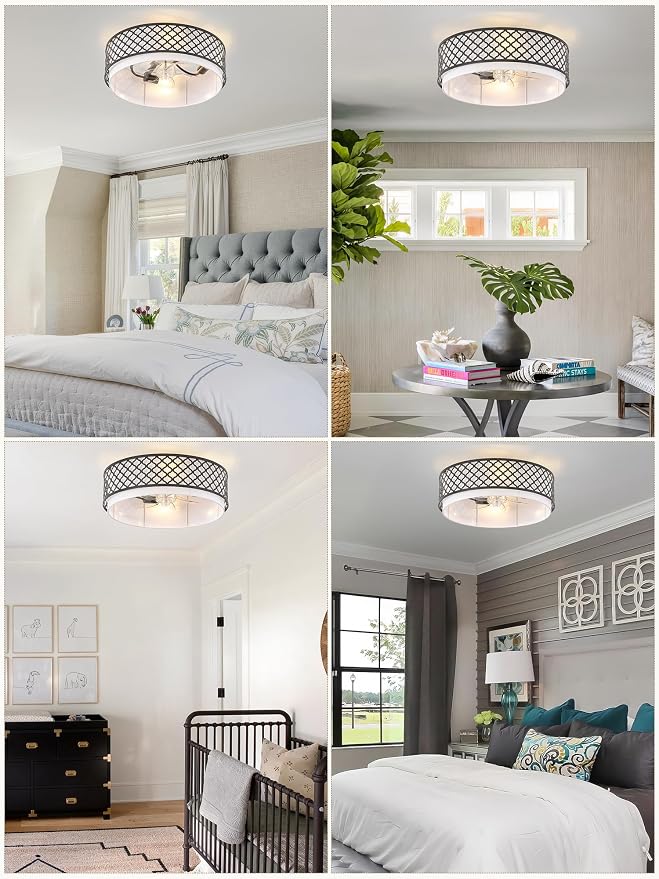 20" Farmhouse Rustic Flush Mount Ceiling Fan with Light, Black Ceiling Fans with Lights Low Profile, Enclosed with Remote Control 6 Speeds for Living Room, Bedroom, Nursery