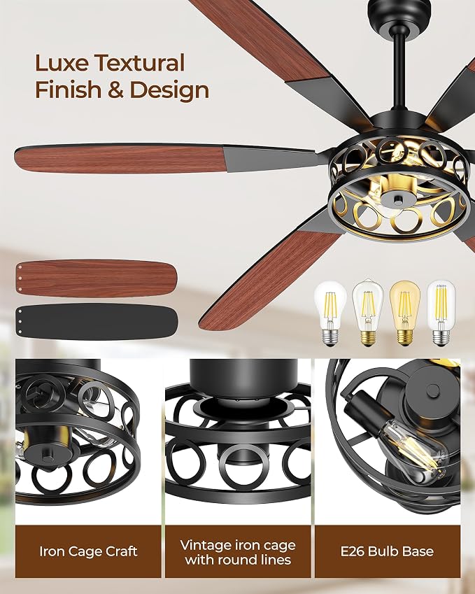 Ceiling Fans with Lights and Remote, 62'' Vintage Caged Ceiling Fan with Light, 6 Blades, 6+1 Speed, Flush Mount Ceiling Fan Whisper-quiet for Farmhouse, Living Room, Kitchen and Porch (62 Inch)