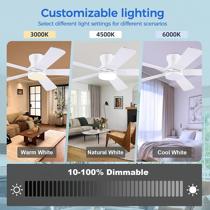 Ayaoty 52" White Ceiling Fans with Lights and Remote/APP - Flush Mount Low Profile Ceiling Fan with 5 Reversible Dual-Sided Blades, Dimmable, 1/2/4H Timer, Modern Indoor Fan Light for Kitchen, Bedroom