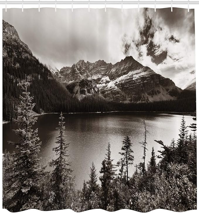 Ambesonne National Parks Shower Curtain, Alpine Area Province Waterfront Recreation Relaxation Getaway Design, Cloth Fabric Bathroom Decor Set with Hooks, 69" W x 75" L, White Black