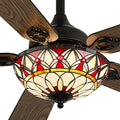 52" Tiffany Style Ceiling Fans with Lights, Vintage Chandelier Ceiling Fan with Stained Glass Shade, Dimmable LED, 6 Speeds Reversible for Bedroom (Red Petal)