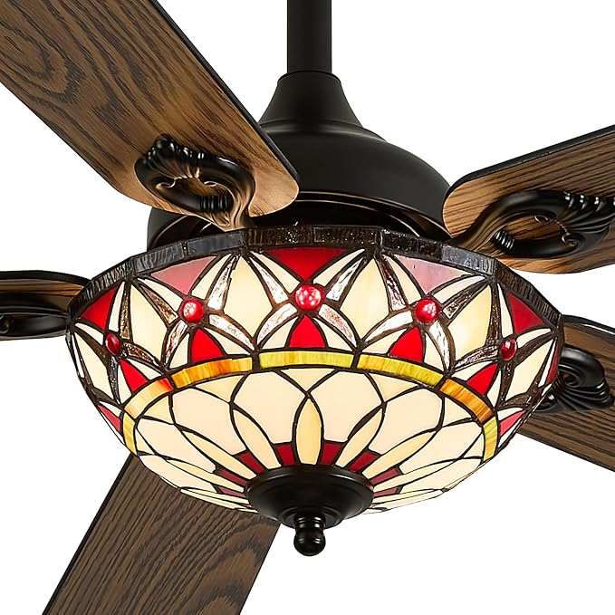 52" Tiffany Style Ceiling Fans with Lights, Vintage Chandelier Ceiling Fan with Stained Glass Shade, Dimmable LED, 6 Speeds Reversible for Bedroom (Red Petal)