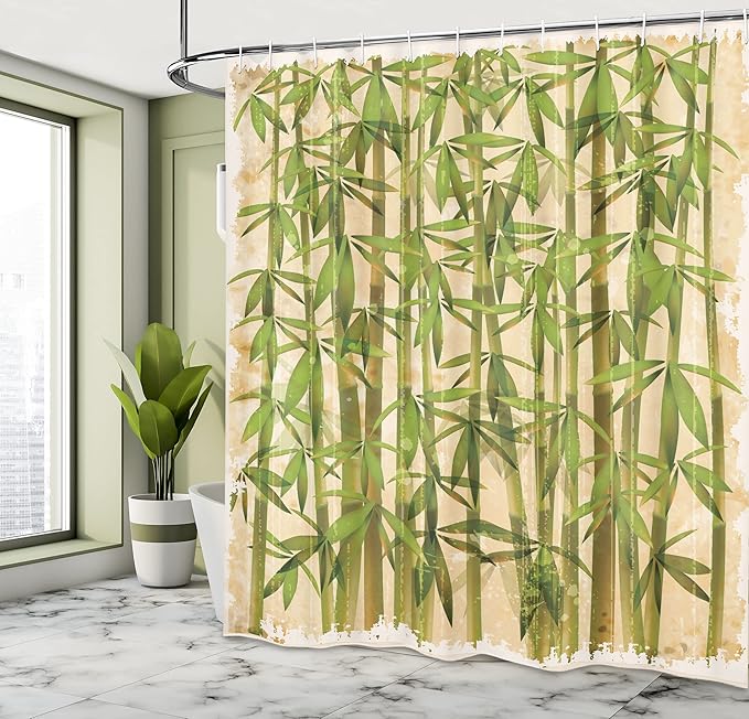 Ambesonne Asian Themed Shower Curtain, Modern Illustration Japanese Woodland Reeds on a Vintage Background Art, Cloth Fabric Bathroom Decor Set with Hooks, 69" W x 75" L, Cream and Green
