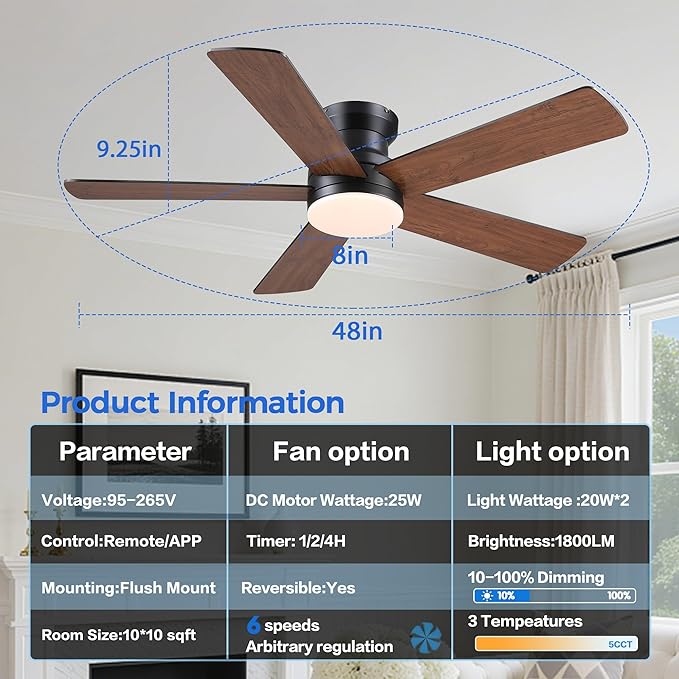 Ayaoty Flush Mount Ceiling Fan with Light and Remote/APP - 48" Low Profile Ceiling Fan with 3CCT Dimmable, 5 Reversible Blades, Modern Indoor Fan Light Fixtures for Bedroom, Kitchen