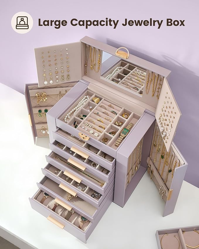 Lolalet Large Jewelry Box Organizer for Women, 7-Layer Jewelry Organizers and Storage Case with Mirror & 6 Drawers, Lockable Watch Ring Earring Bracelet Necklace Holder Girls Gift -7Layer, HazePurple