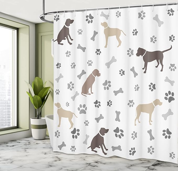 Ambesonne Dog Lover Shower Curtain, Paw Print Bones and Dog Silhouettes American Foxhound Breed Playful Pattern, Cloth Fabric Bathroom Decor Set with Hooks, 69" W x 70" L, Umber Beige Grey