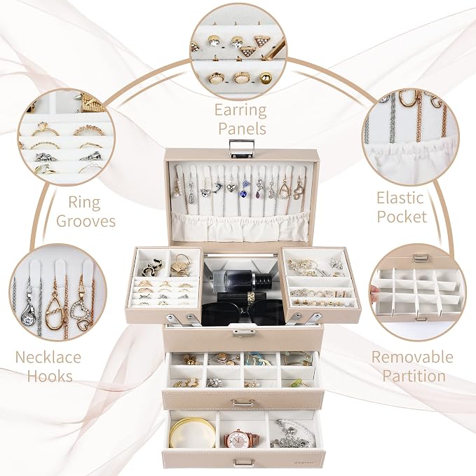 Dajasan Jewelry Organizer Box, Large Jewelry Boxes for Women Girls, Space-Saving 4 Layers Jewelry Storage Case with Drawer, Movable Metal Stand, Modern, Gift Idea (Champagne + Silver)