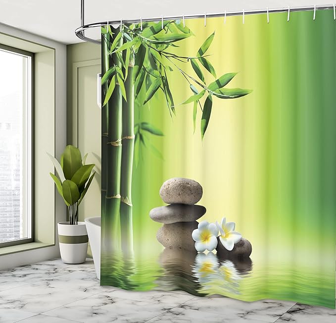Ambesonne Spa Themed Shower Curtain, Far Eastern Vibes Stones Frangipani Flowers Tree and Water Themed Photo, Cloth Fabric Bathroom Decor Set with Hooks, 69" W x 84" L, Yellow Green