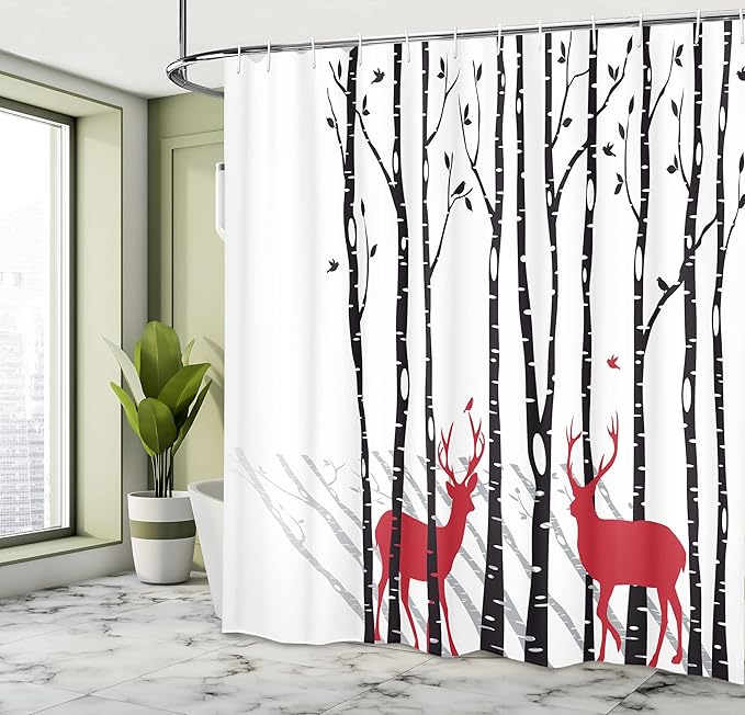 Ambesonne Antlers Shower Curtain, Deer Tree Forest with Red Holiday Theme Flying Leaves Branch Reindeer, Cloth Fabric Bathroom Decor Set with Hooks, 69" W x 70" L, White Vermilion