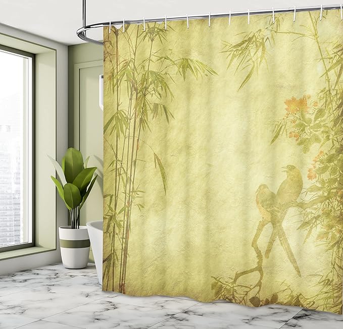 Ambesonne Asian Themed Shower Curtain, Silhouettes of Birds on The Branch Twig Retro Inspired Wild Life Art Print, Cloth Fabric Bathroom Decor Set with Hooks, 69" W x 84" L, Green