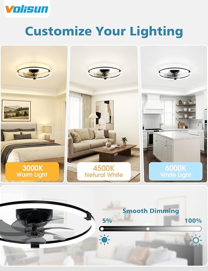 VOLISUN Low Profile Ceiling Fan with Lights and Remote, 19.7in Bladeless Ceiling Fans with Light Flush Mount, Dimmable Modern LED Fan Light, Black Fandelier Ceiling Fans for Bedroom,Living Room