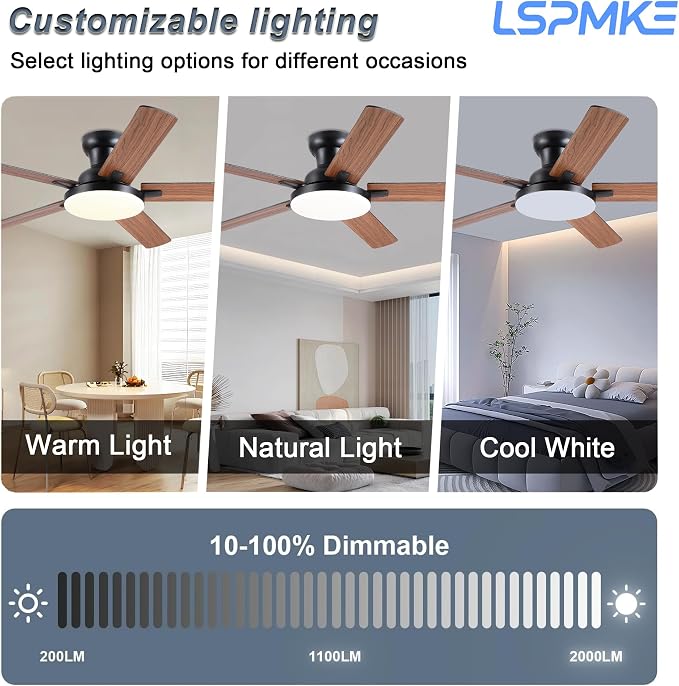 Flush Mount Ceiling Fans with Lights, 52" Ceiling fan with Remote Control, Low Profile Ceiling Fan with 3CCT, Dimmable, Noiseless DC Motor, Modern Fan Light Fixture for Bedroom, Kitchen, Brown