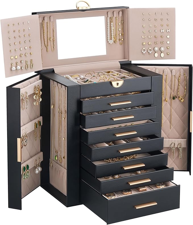 Lolalet Large Jewelry Box Organizer for Women, 8-Layer Jewelry Organizers and Storage Case with Mirror & 7 Drawers, Lockable Watch Ring Earring Bracelet Necklace Holder Girls Gift -8Layer, Black