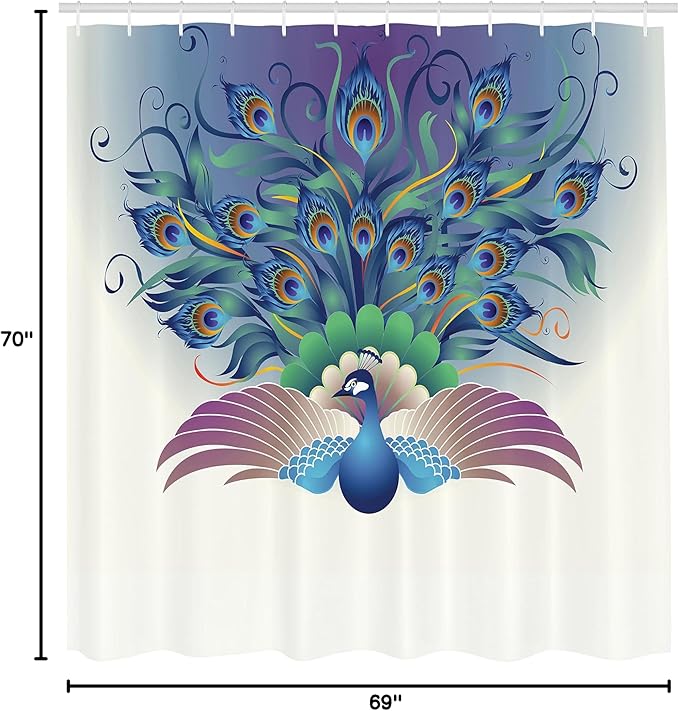 Ambesonne Peacock Shower Curtain, Ornate Peacock with Majestic Tail Feather Dangling Around Birds Wing Illustration, Cloth Fabric Bathroom Decor Set with Hooks, 69" W x 70" L, Ceil Blue