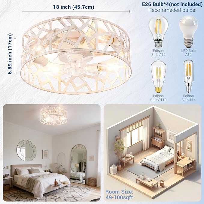 Flush Mount Fandelier Ceiling Fan with Lights and Remote, 18 inch Caged Ceiling Fan with Light Vintage White, Farmhouse Ceiling Fans for Bedroom, Kitchen, Living Room