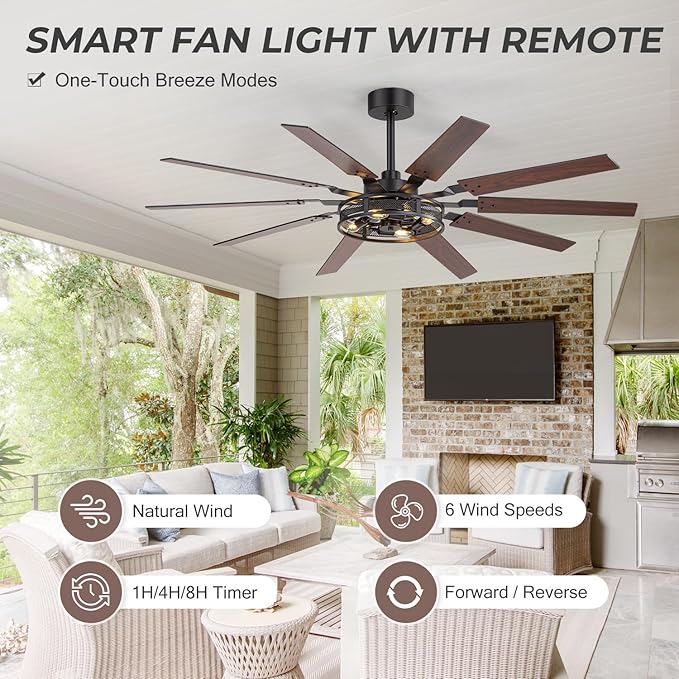 60 Inch Farmhouse Ceiling Fans with Rustic Lights, Caged Ceiling Fans with Remote, Industrial Ceiling Fan with Reversible DC Motor, Antique Downrod Mount Fan with Chandelier for Living Room Bedroom