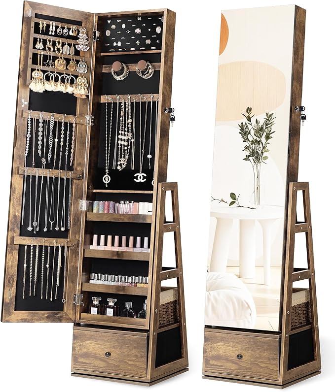 Nicetree 360°Swivel Jewelry Cabinet, Rotatable Full Length Mirror with Jewelry Storage, Standing Jewelry Armoire Organizer, Lockable Jewelry Organizer with 3 Rear Shelves, Bottom Drawer, Rustic Brown