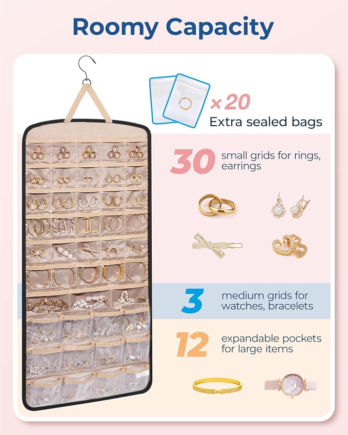 BAGSMART Hanging Jewelry Organizer, Anti-tangle Necklace Holder Earrings Rings Closet, Door,1 Piece, Extra Large Black