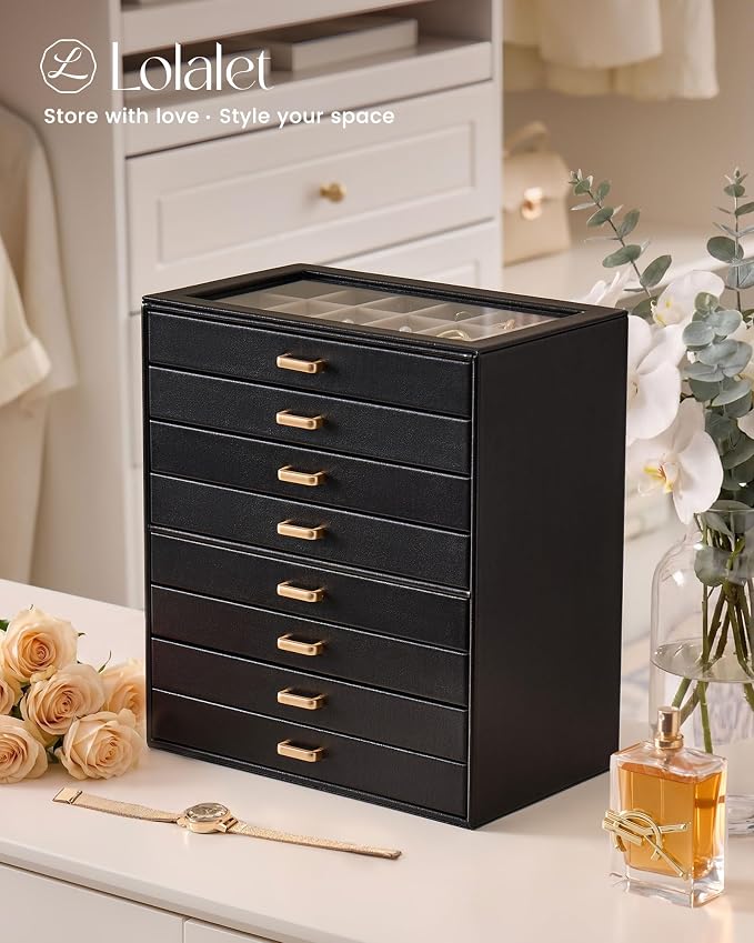Lolalet Earring Organizer, Jewelry Box with Clear Lid -Black, 8 Layer | PU Leather, Velvet, Removable Dividers, Dustproof, Easy Clean, For Studs Rings, Gift for Women Girls, Home Aesthetic Decor