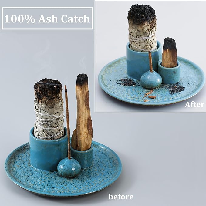 5 in 1 Incense Holder Burner, 5.9" Ceramic Holder for Burning Palo Santo Sage Candle and Incense Sticks Cones, Ash Catcher Tray for Meditation Room Home Décor (Blue)
