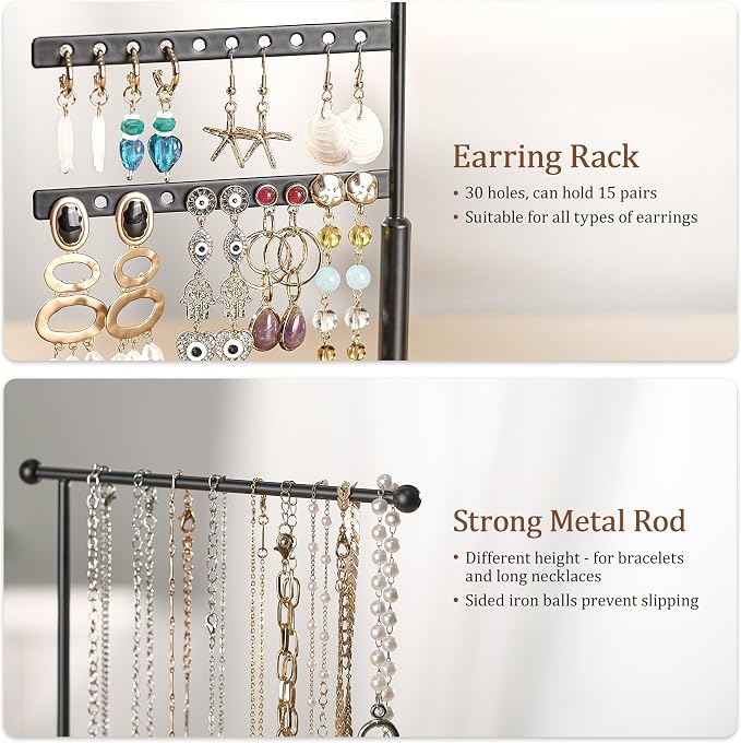 pickpiff Jewelry Organizer Holder Stand: 3 Tier Jewelry Storage Display for Necklace, Bracelet, Earring, Ring, Black & Brown