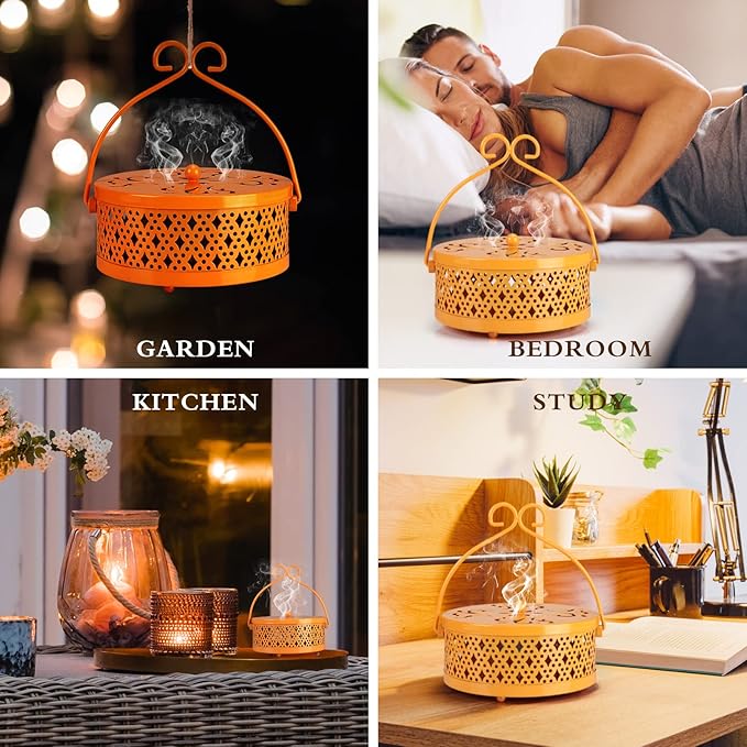 Lallisa Incense Coil Holder Sets, Round Metal Hanging Incense Burner with Handle and Lid, Portable Coil Burner Stand Container for Patio Camping Garden Home Indoor Outdoor Decor(Yellow,4 Pcs)
