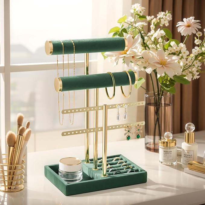 Jewelry Organizer Stand for Necklaces, Bracelets, Earrings, Rings, Green | 3 Tier Velvet Bracelet Holder Display | Jewelry Organizers and Storage | Jewelry Tree | Jewelry Towers