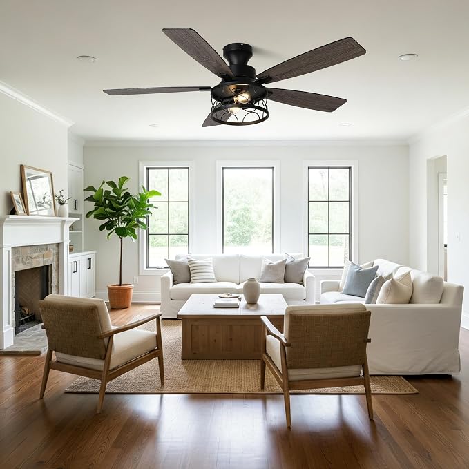 52'' Flush Mount Farmhouse Ceiling Fan with Light and Remote Control | Reversible Quiet DC Wave Iron Cage Fan, 6 Speed 1/2/4H Timer Dual-Sided Wood Blades for Low Ceiling Bedroom Living Room