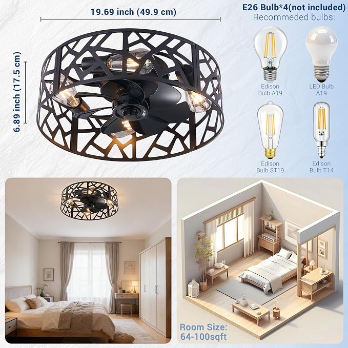 20" Farmhouse Flush Mount Ceiling Fan with Light and Remote, Black Caged Low Profile Fandelier, 6-Speed Reversible Enclosed Ceiling Fan for Bedroom, Kitchen, Small Room