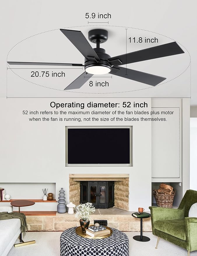Modern Ceiling Fans with Lights - 52 inch Black Outdoor Ceiling Fan with Light and Remote, Reversible DC Motor, 6-Speed Quiet 3CCT LED Dimmable for Bedroom, Indoor and Outdoor, Patios , ETL Listed