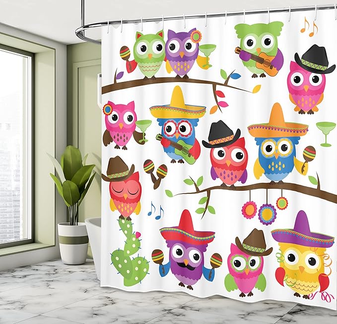 Ambesonne Owls Shower Curtain, Group of Cowboy Cowgirl Owls with Hats Guitars Cactus Cinco de Mayo Themed Art, Cloth Fabric Bathroom Decor Set with Hooks, 69" W x 70" L, Orange Red